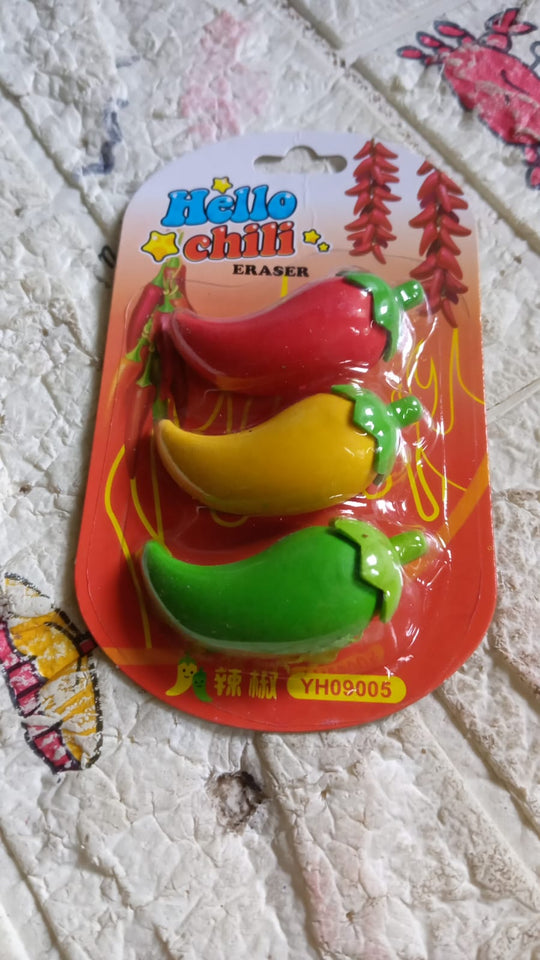 3D Fancy & Stylish Colorful Chili Shape Erasers, Mini Eraser Creative Cute Novelty Eraser for Children Eraser Set for Return Gift, Birthday Party, School Prize, (3 pc Set)