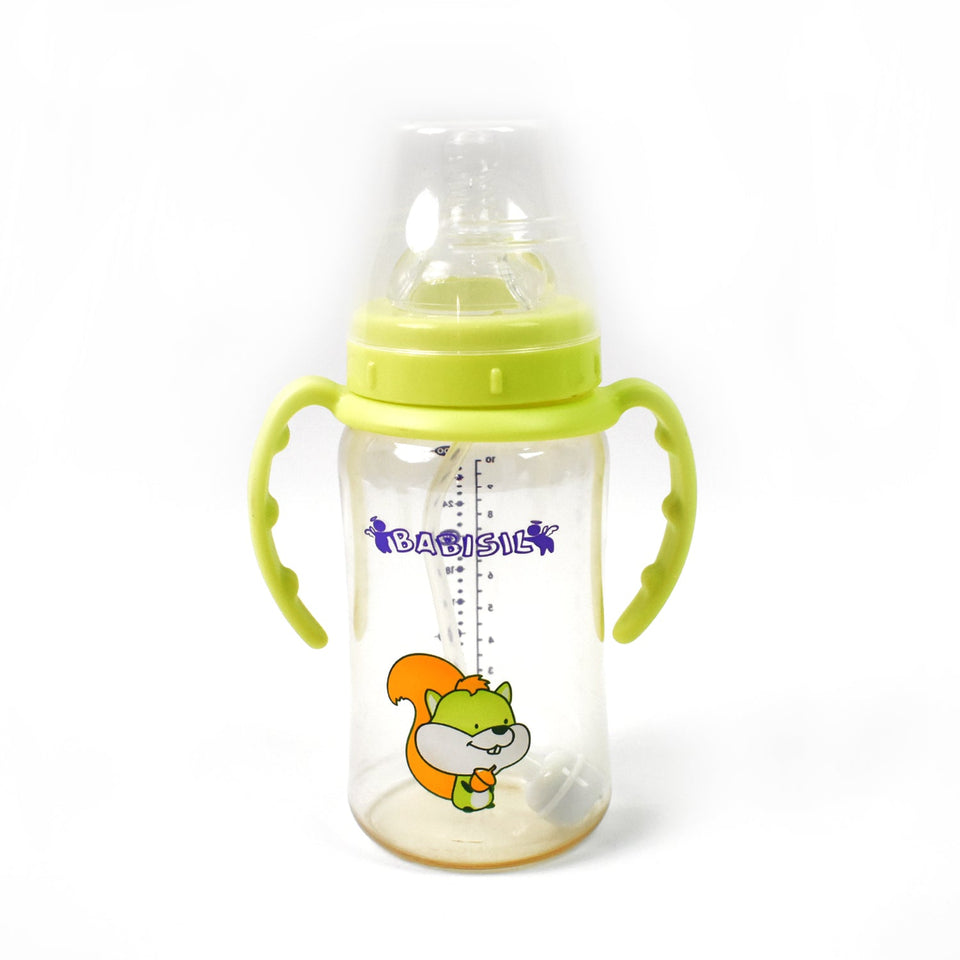 Plastic Baby Feeding Bottle with Handles, Cleaning brush & Straw (300 ML / 1 Pc)