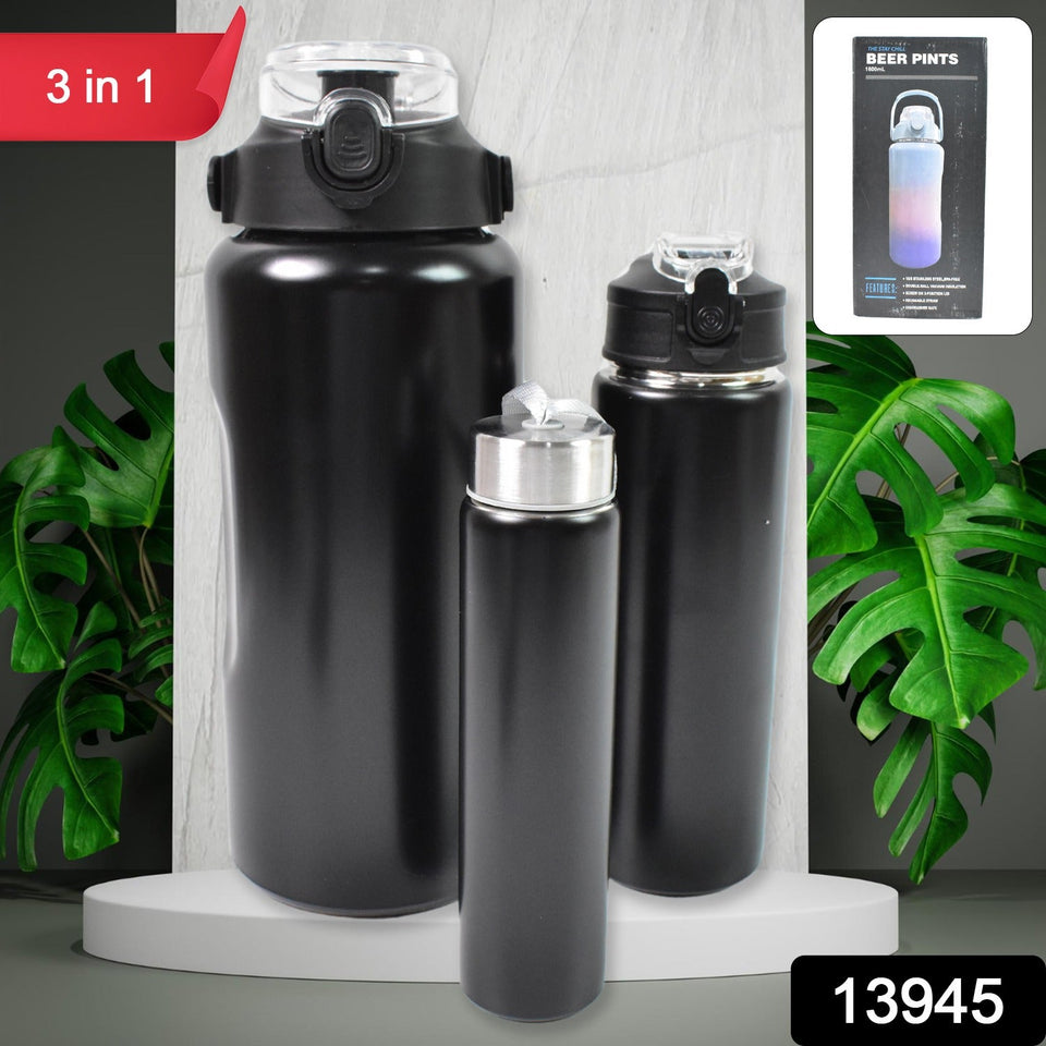 3 In 1 Stainless Steel Insulated Water Bottle, Double Wall Vacuum (3 Pcs Set / Different Size)