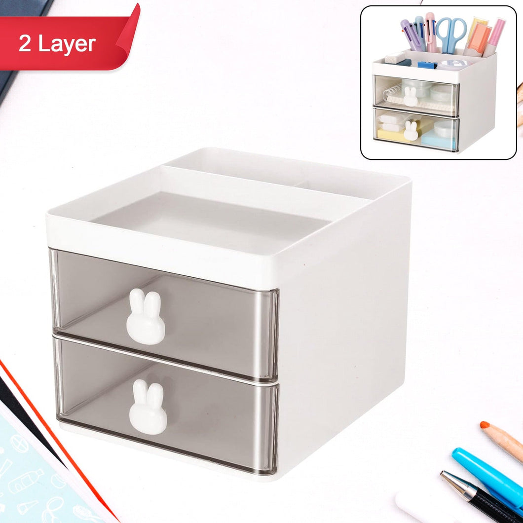 2 Layer 5 Compartment Desk Organizer with Transparent Drawer (1 Pc / 15×13×11 Cm)