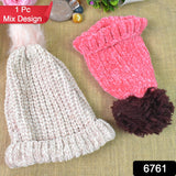 Soft Winter Cap, Woolen Inside Fur Beanie Cap (1 Pc / Mix Design & Color)