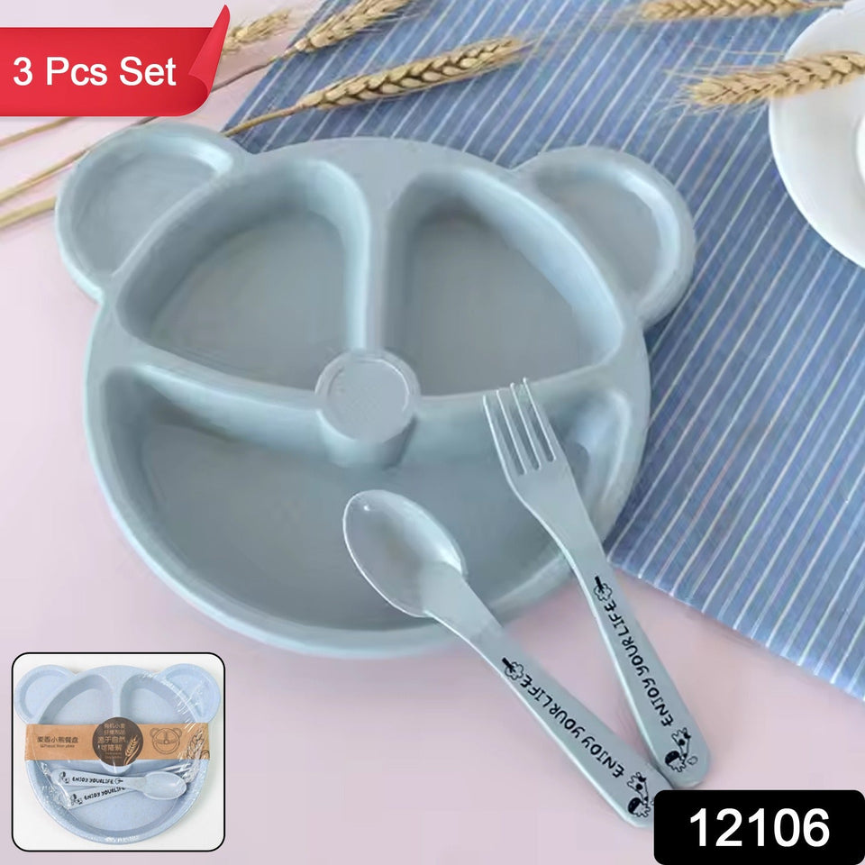 Kids 3 Compartment Food Tray / Plates With Spoon & Fork (1 Set)