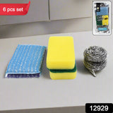 12929 Kitchen Cleaning Tool Set Microfiber Kitchen Utensils High Performance Scouring Sponge Set Dish Sponge Stainless Steel Scouring Pad (6 Pcs Set)