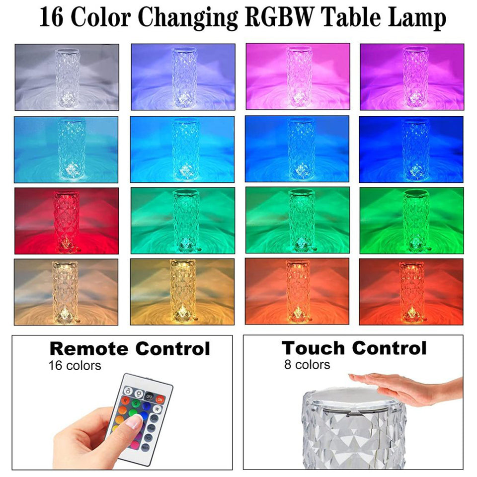 6604 Crystal Touch Night Light (16 Colors) - Rose Diamond Table Lamp With Remote Control Usb Table Lamp Romantic Date Lighting Decor For Festival Bedroom Dining Room