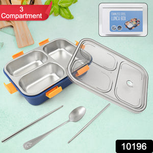 3 Compartment Transparent Stainless Steel Lunch Box With A Spoon And A Pair Of Chopsticks (1 Set)