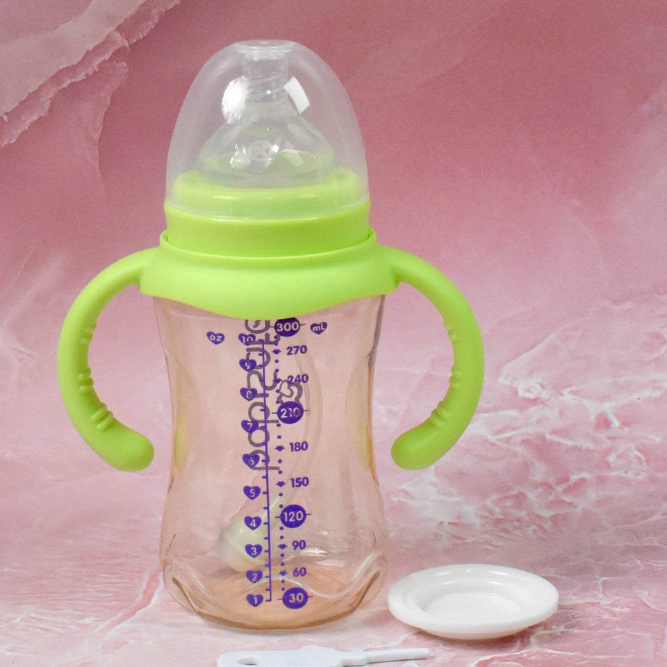 Plastic Baby Feeding Bottle With Handles Cleaning Brush  Straw (300 Ml  1 Pc)