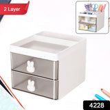 2 Layer 5 Compartment Desk Organizer with Transparent Drawer (1 Pc / 15×13×11 Cm)