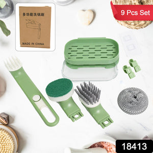 Dish Brush Set with Handle, Replacement Heads, Drain Tray in Kitchen (9 Pcs Set)