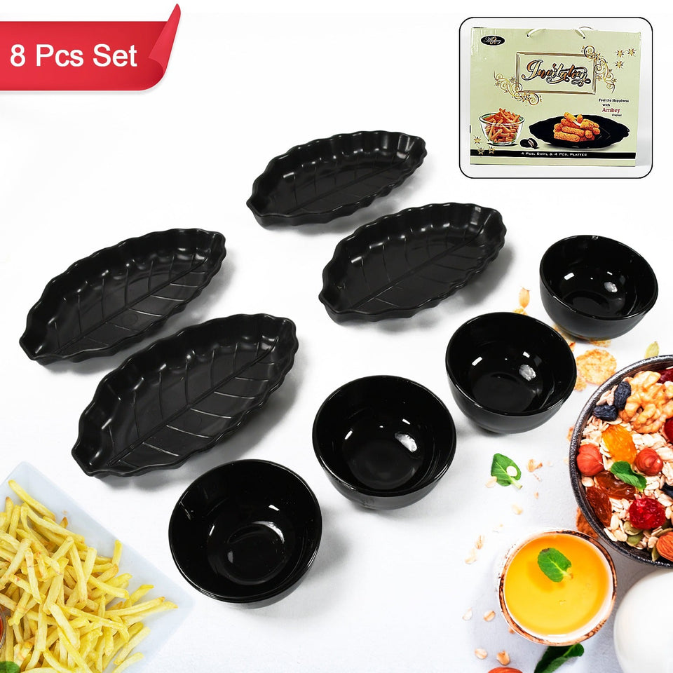 Invitation Round Ceramic Snacks Bowl With Plastic Leaf shape Serving platter Portable, Lightweight Breakfast, Serving Bowl | Ideal for Rice, Pasta, Desserts Home & Kitchen Serving Bowl & platter (8 Pcs set)