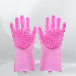 17723 Dishwashing Gloves With Scrubber Silicone Cleaning Reusable Scrub Gloves For Wash Dish Kitchen Bathroom Pet Grooming Wet And Dry Glove (1 Pair 250 Gm)