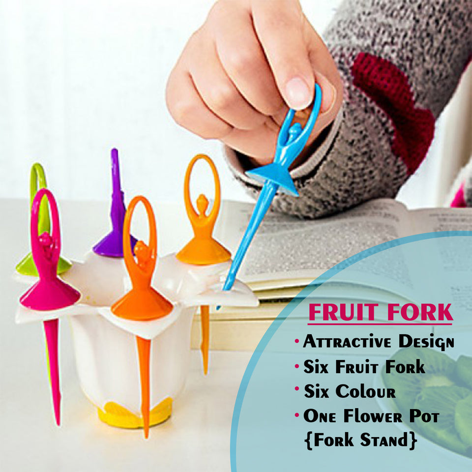 2046 Dancing Doll Fruit Fork Cutlery Set With Stand Set Of 6.