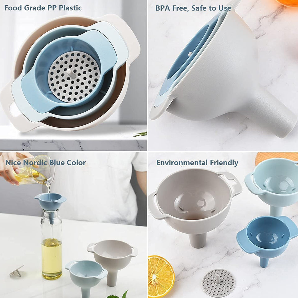 12007 3 In 1 Kitchen Funnel Set Of 3 Funnel For Filling Bottle Small Canning Funnel With Handle Food Grade Plastic Funnel With Detachable Strainer Filter For Liquid Dry Ingredients And Powder