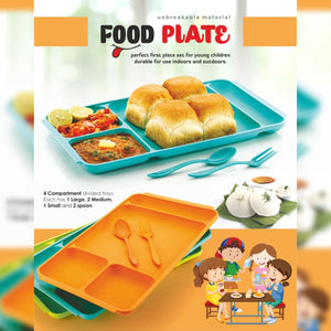 2037 4compartment Dish With Spoon And Fork(1 Dish Set With 1spoon And 1fork) Dinner Plate Plastic Compartment Plate Pav Bhaji Plate 4-compartments Divided Plastic Food Plate.