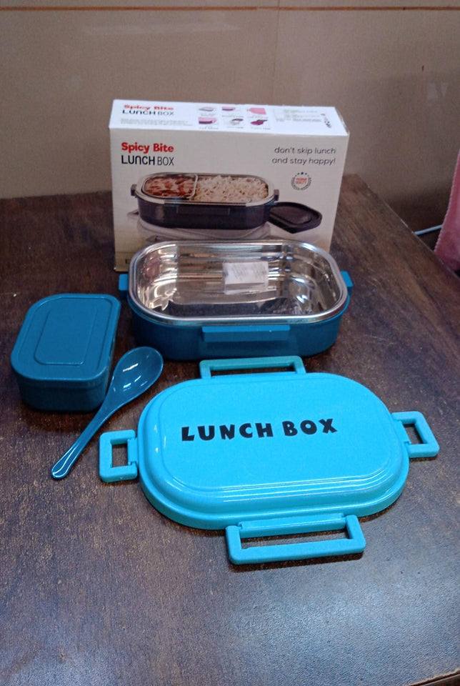 3 In 1 Spicy Bite Stainless Steel Lunch Box With Plastic Small Box  Spoon (1 Set)