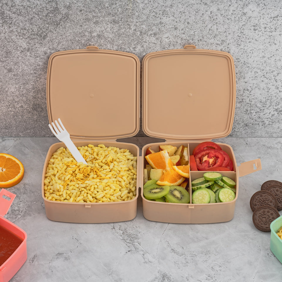 5787 Double-layer Square Lunch Box With  Spoon  4 Compartment Tiffin  Push Lock  Plastic Tiffin Box For Travelling School Kids  Office Exclusive Home