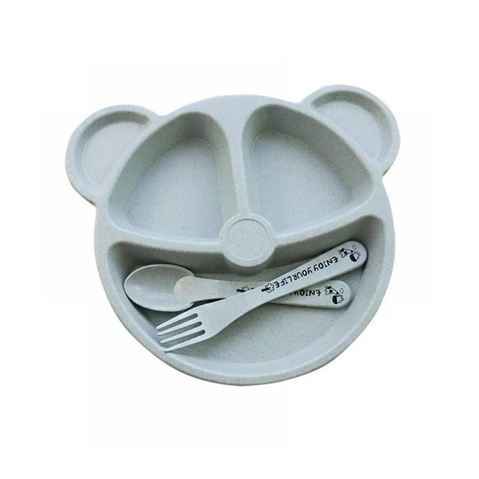 Kids 3 Compartment Food Tray  Plates With Spoon  Fork (1 Set)