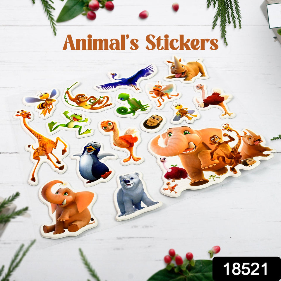 Animals Design Adhesive 3D Stickers (1 Sheet / 22×19 Cm)