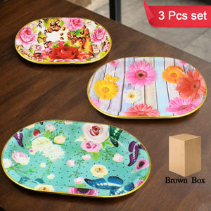 Plastic Flower Printed Design Serving Tray (3 Pcs Set  Mix Color)