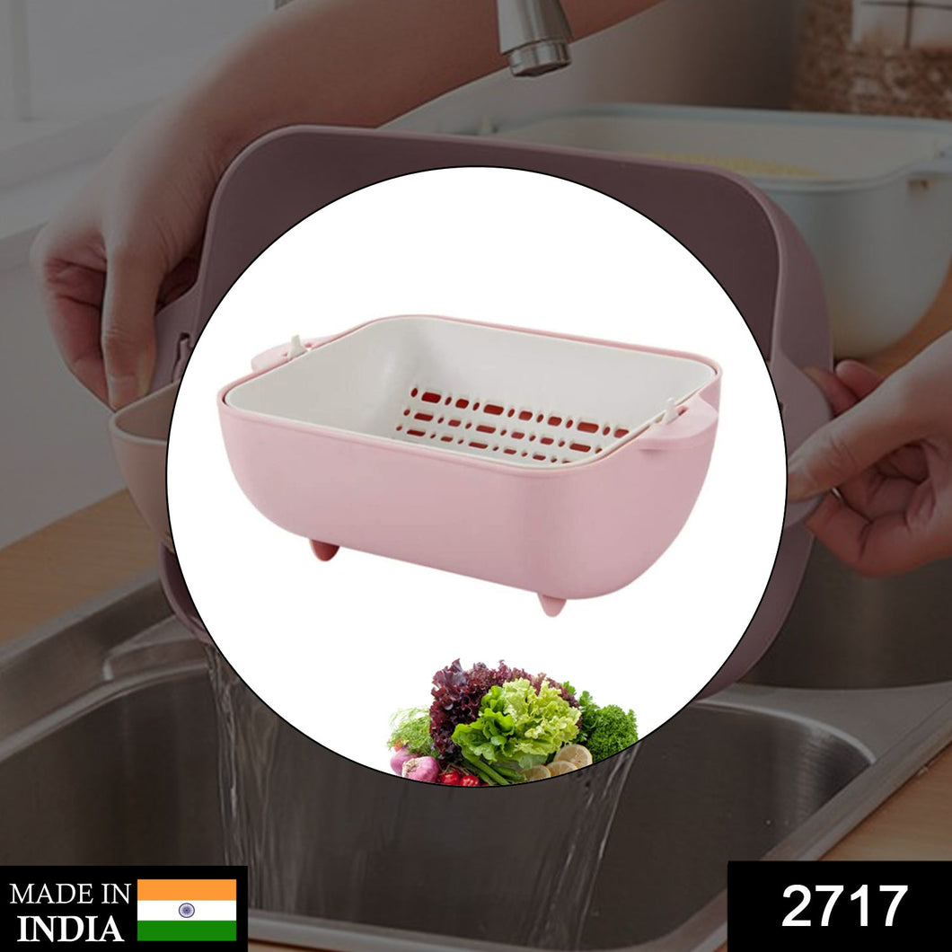 2717 Multifunctional Bpa Free Double Layered Plastic Rotatable Strainer Bowl With Handles For Washing Rinsing Serving Vegetables  Fruits (Multicolor)