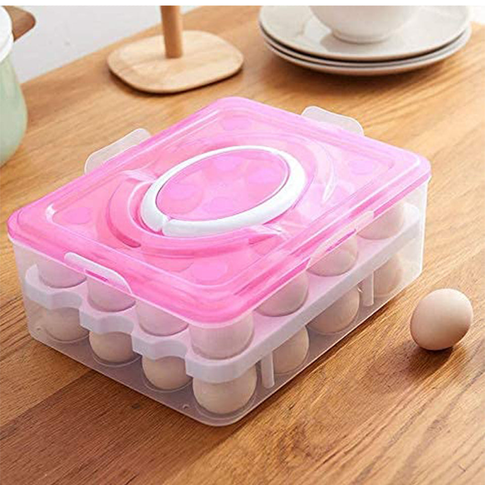 5725 2layer 32 Grid Egg Tray With Lid Egg Carrier Holder For Refrigerator Camping Food Storage Container With Handle (1 Pc )